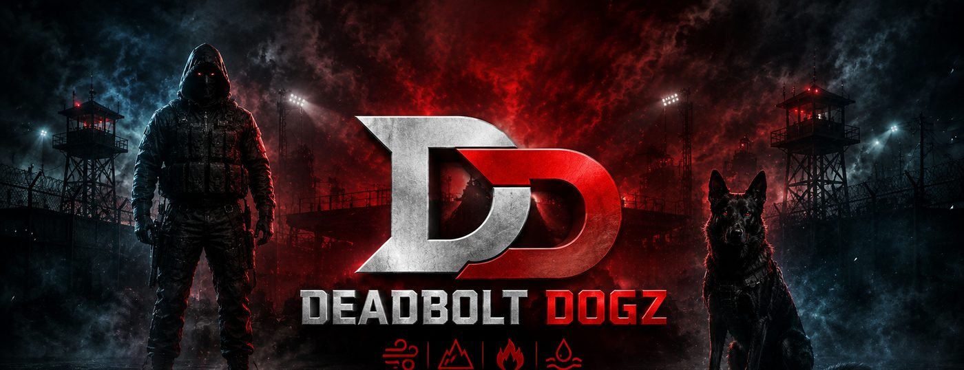 Deadbolt Dogz — the Operator and Dogz in the floodlit compound yard, watchtowers behind them.