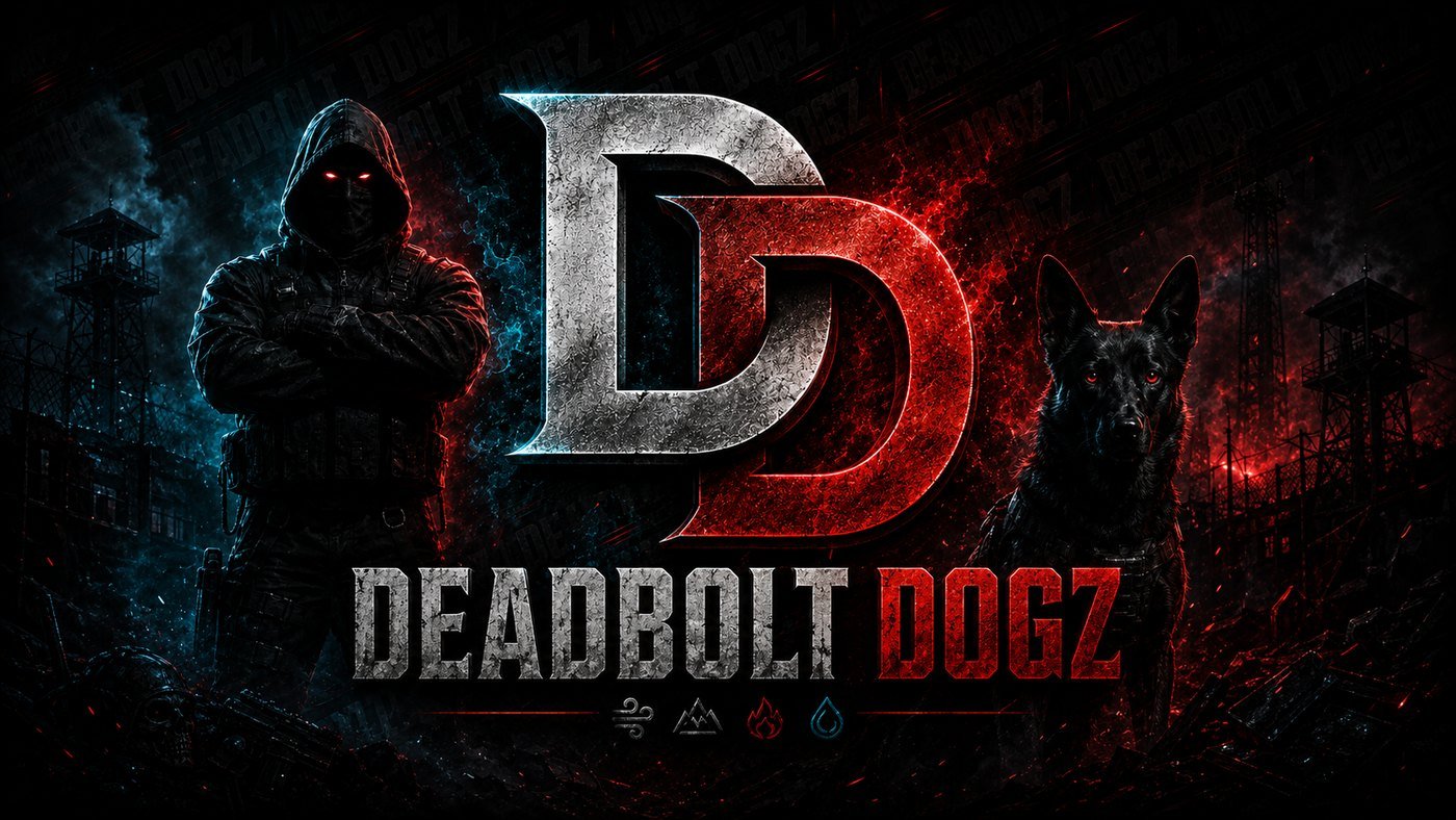 The Operator and Dogz flanking the Deadbolt Dogz monogram in the ruins.