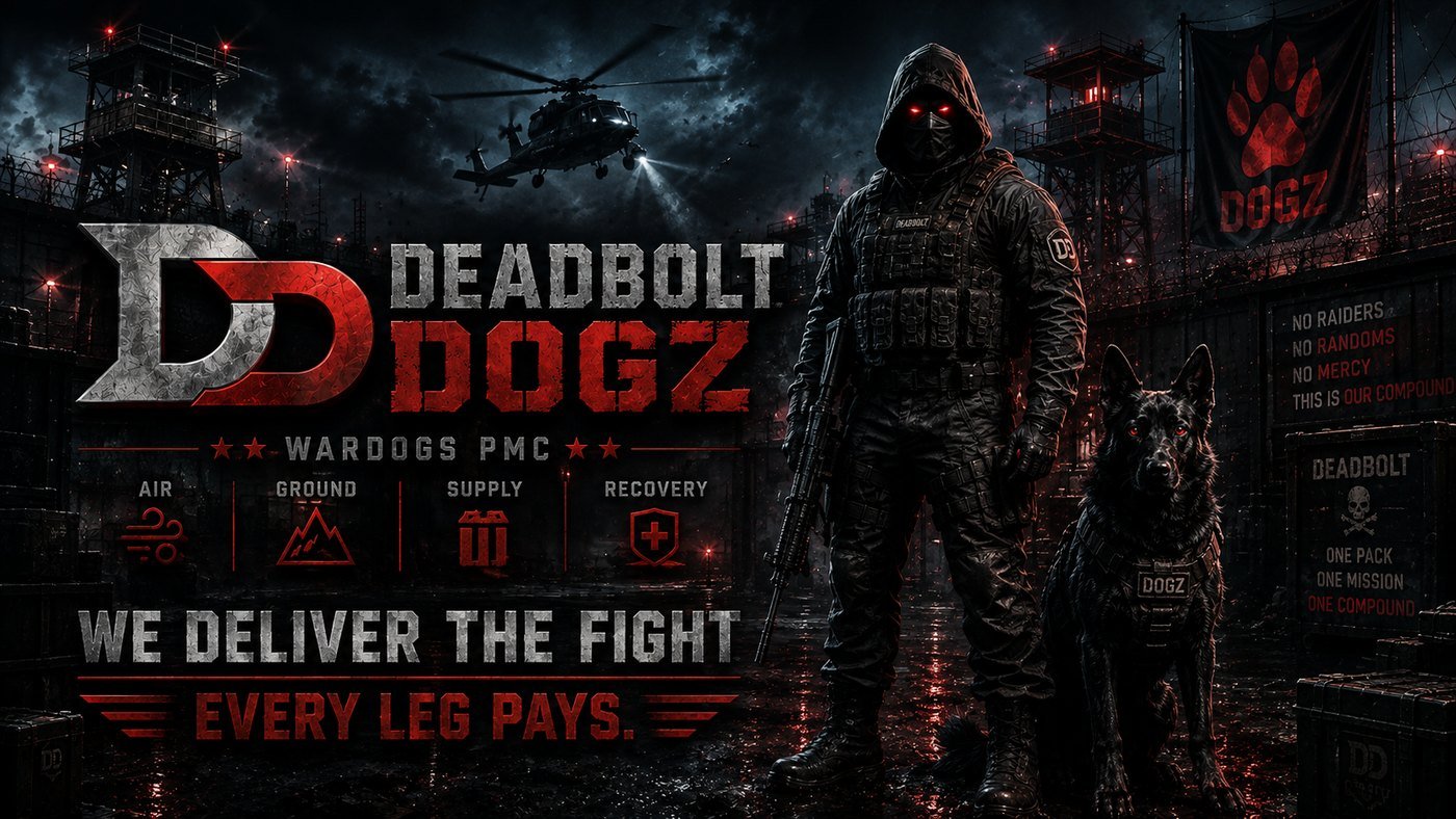The Operator and Dogz at the compound gate beneath a hovering helicopter — we deliver the fight, every leg pays.